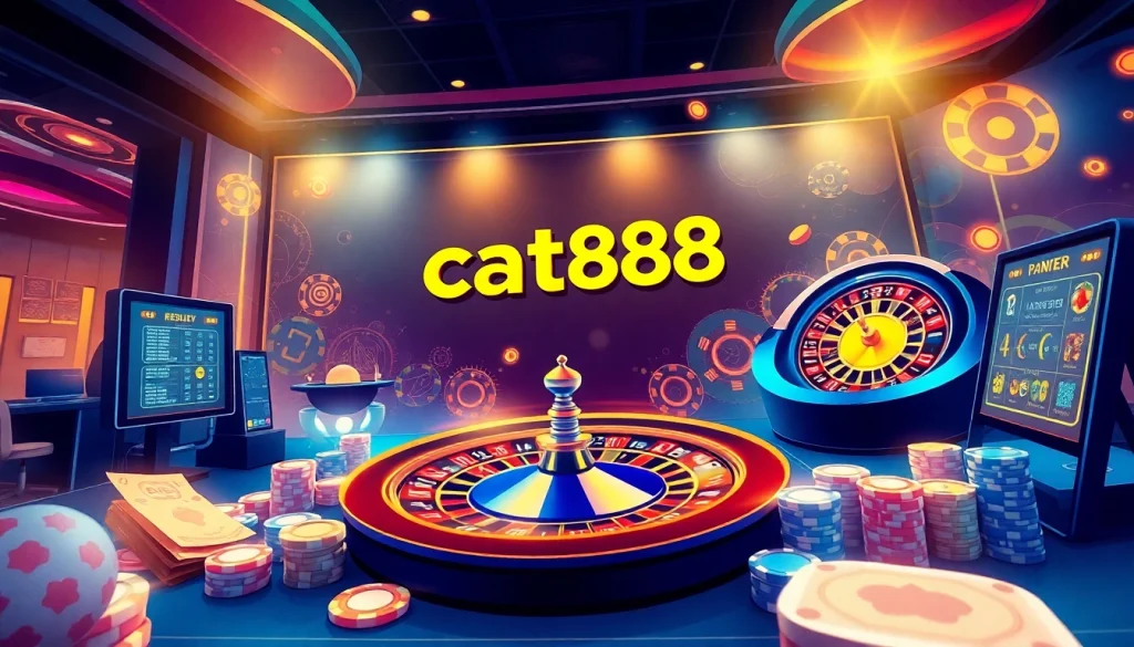 Experience the thrilling world of online gambling with cat888's vibrant digital gaming scene, featuring lottery tickets and poker chips.