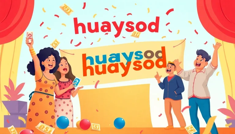 Celebrate your lottery win with huaysod in a dynamic, festive scene featuring joyful players and colorful tickets.