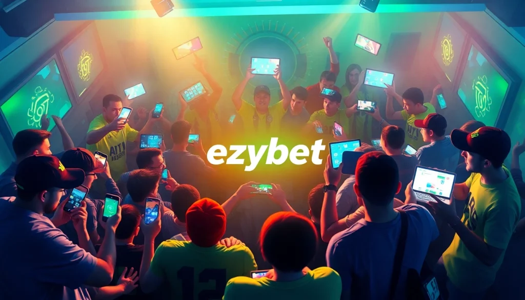 Ezybet's vibrant online betting scene with enthusiastic bettors engaged on devices.