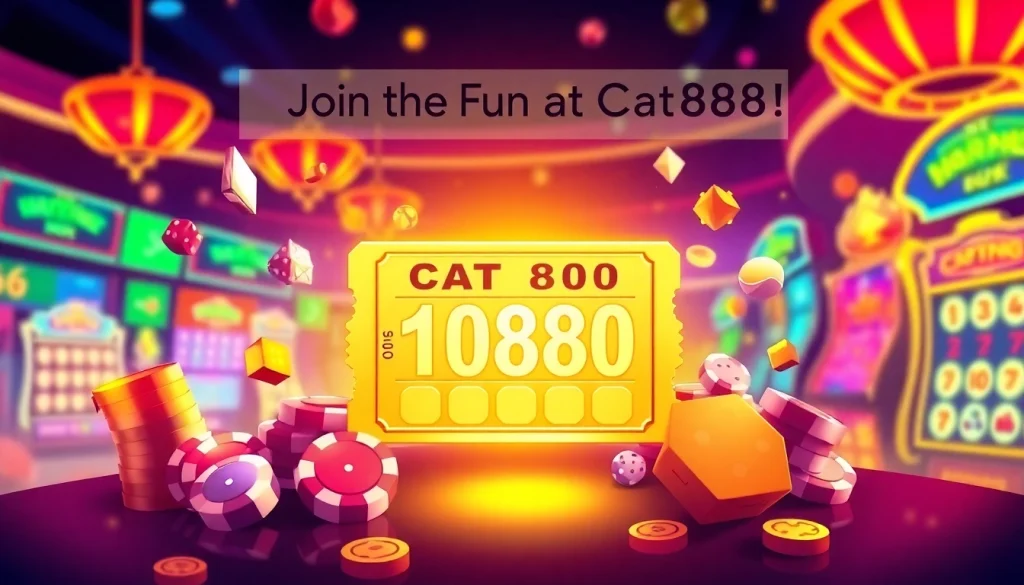 Experience the thrill of cat888 with vibrant lottery tickets and game icons in a lively casino setting.