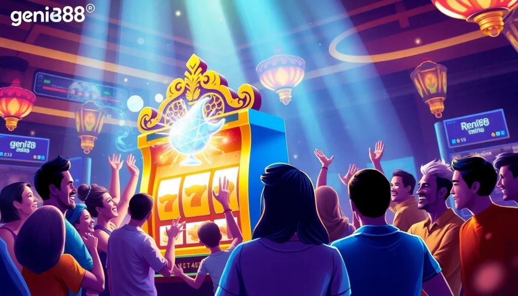 Enthusiastic players enjoying the exciting atmosphere at genie168 with a glowing slot machine.