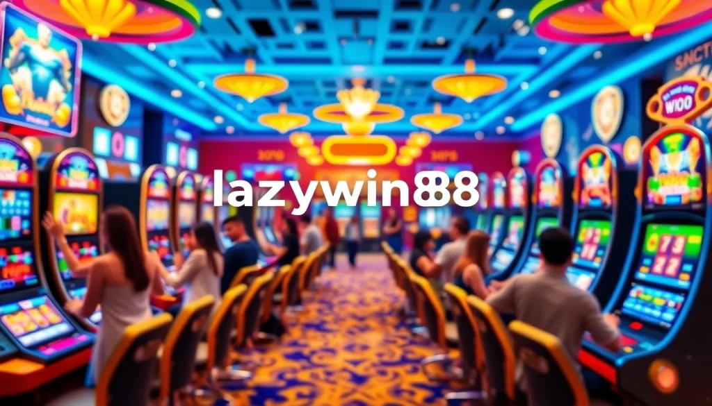 Experience the excitement of lazywin888 with vibrant gaming imagery showcasing thrilling slot machines and players.