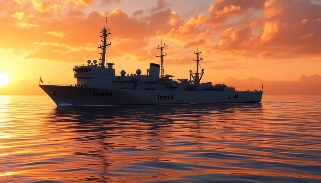 Explore the majestic USS LSM44 as it sails under a sunset, representing its historical significance and beauty.