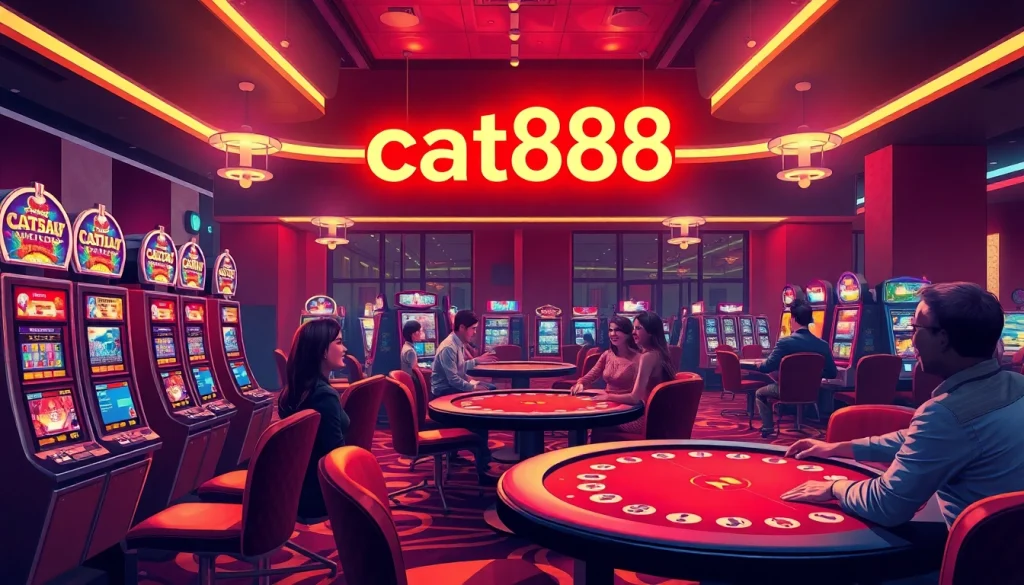 Experience the thrilling atmosphere of cat888's modern casino adventure with vibrant gaming tables and neon lights.