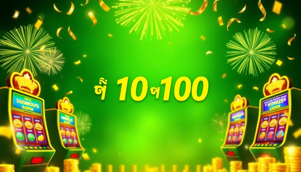 Draw attention to the exciting promotion "10รับ100" with dazzling graphics of slot machines and bonuses.