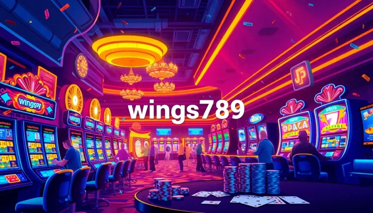 Engage with the excitement of wings789, showcasing a vibrant casino atmosphere filled with players and games.