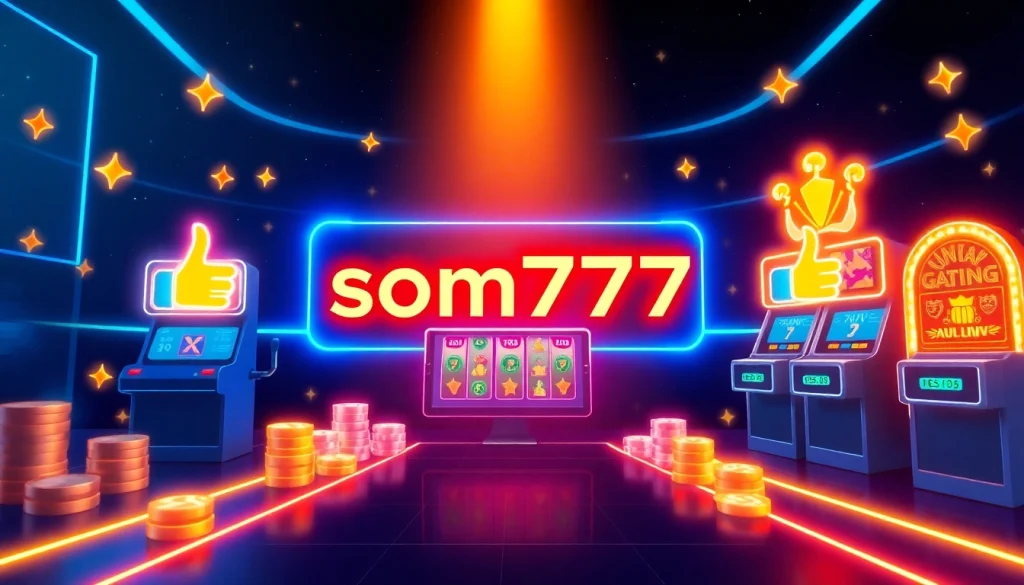 Explore the thrilling gaming atmosphere of som777 with vibrant neon elements and engaging symbols.