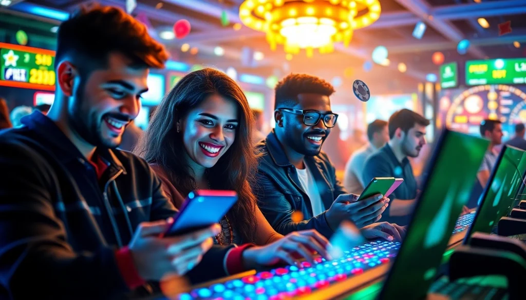 Gamers enjoying online gaming experiences with https://jun88casino.top/ in a futuristic setting.