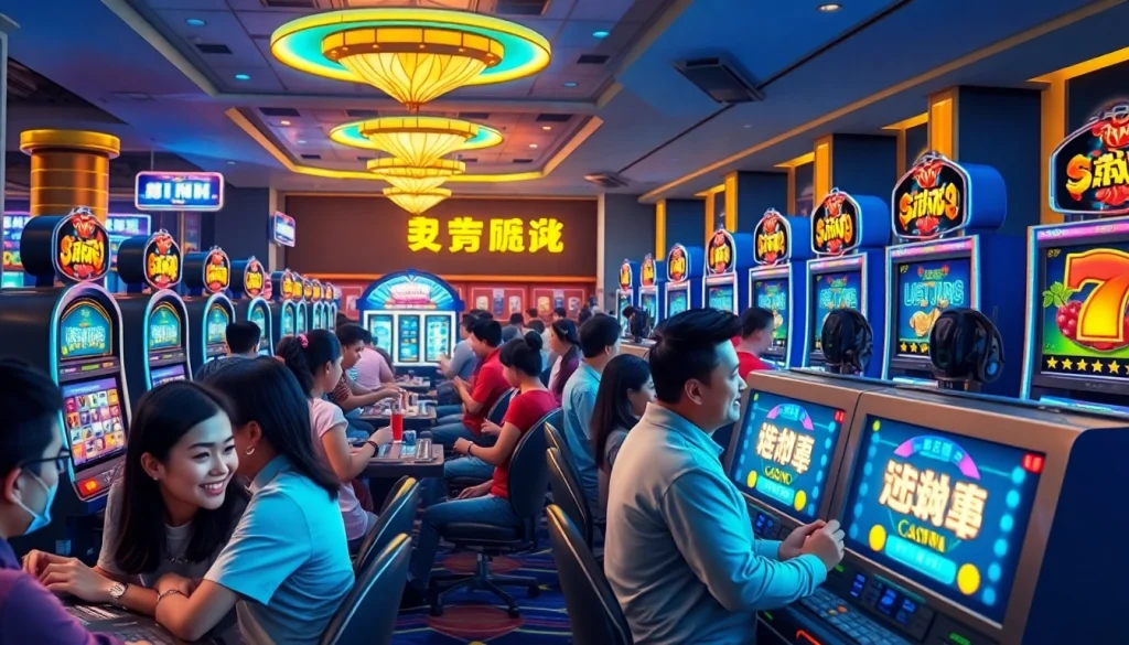 Engaging scene of diverse players enjoying ทดลองเล่นสล็อต at a vibrant online casino.