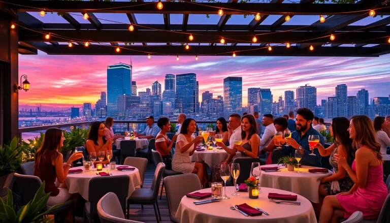 NoHu Rooftop Bar captures New York City skyline at sunset, showcasing luxurious dining experiences.