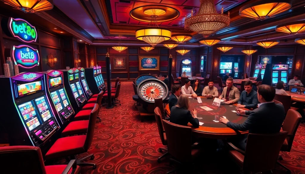 Explore the excitement of 'bet 88' on the casino floor with poker tables and vibrant slot machines.
