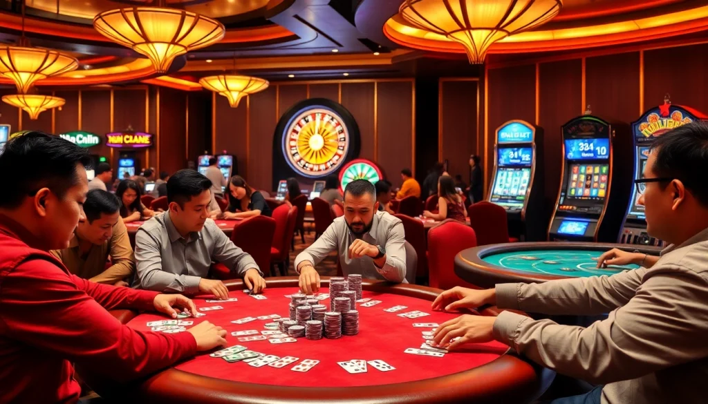 The excitement of high-stakes poker at nhà cái kubet, featuring colorful chips and cards amidst a bustling casino atmosphere.