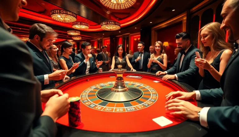 Exciting scene at U 888 casino with players enjoying roulette, vibrant colors, and thrilling atmosphere.