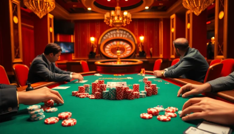 Spotbet poker players strategizing over colorful chips and cards in a luxury casino setting.