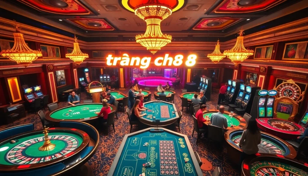 Explore the excitement of "trang chủ rr88" where players enjoy games like poker and slots in a lavish casino setup.