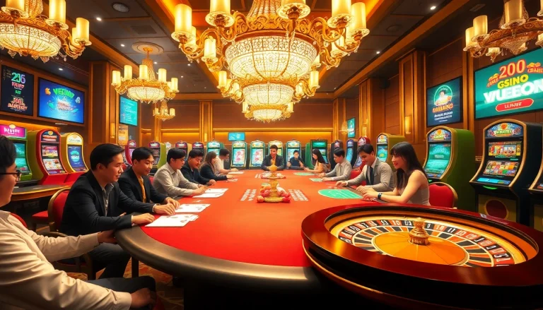 Experience the high-stakes excitement at VU88's casino with players enjoying poker tables, roulette, and vibrant slot machines.