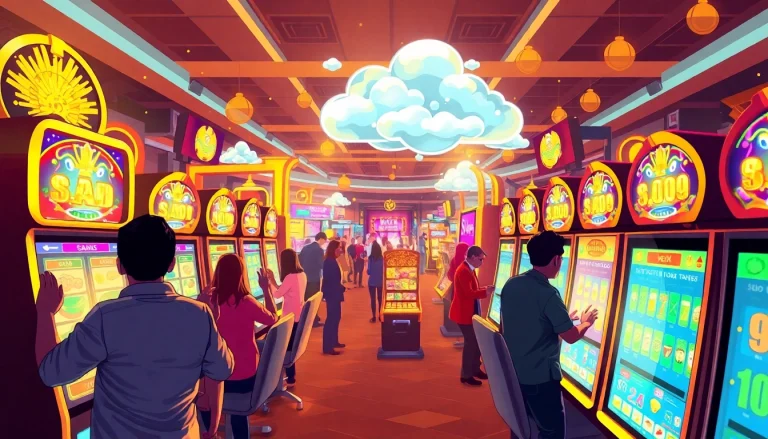 Experience thrilling gameplay at Slot Cloud with vibrant slot machines and ecstatic players celebrating wins.