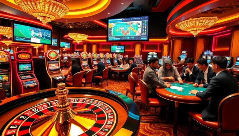 Experience the thrill of kèo nhà cái while betting at a vibrant casino with roulette and sports screens.