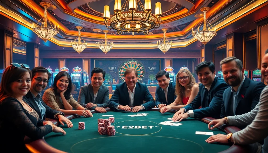 E2BET showcases a high-stakes poker game scene in a luxurious casino, capturing intense player focus and vibrant atmosphere.