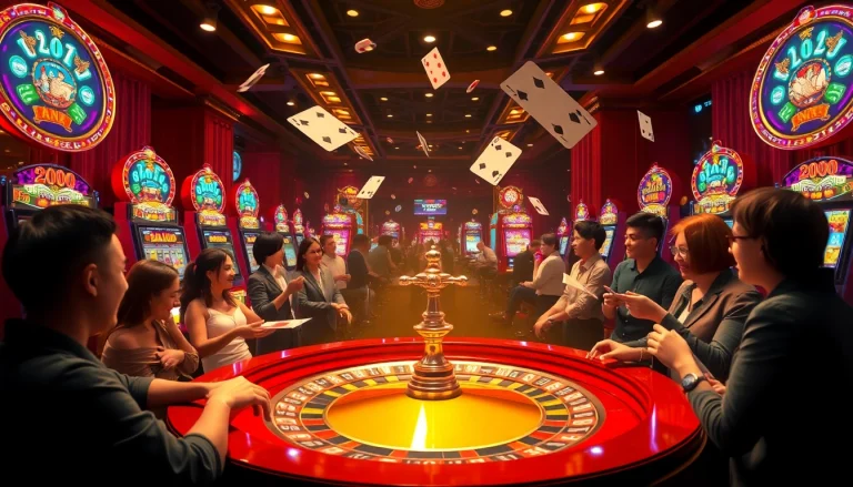 Players enjoy vibrant gaming action at rr88 casino, surrounded by slot machines and roulette wheel.