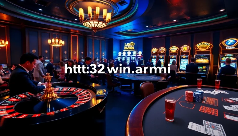 Experience the thrill of gambling at https://32win.army/ with players at a roulette wheel and poker table.