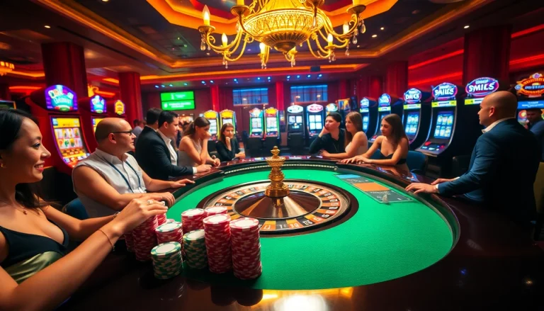 A lively casino scene at https://32win.army/ with players excitedly placing bets at a roulette table, showcasing vibrant chips and a lively atmosphere.