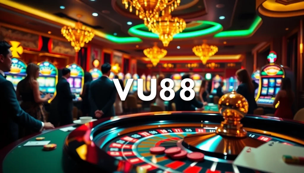 VU88 casino players eagerly placing bets at a roulette wheel surrounded by vibrant slot machines.