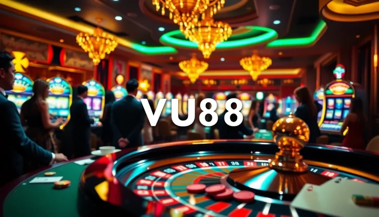 VU88 casino players eagerly placing bets at a roulette wheel surrounded by vibrant slot machines.