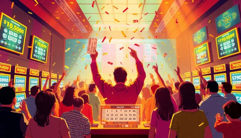 Excited lottery players celebrating a drawing night win with colorful tickets and confetti.