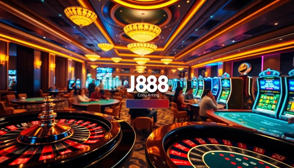 Experience thrilling gaming excitement at J88 đăng nhập, featuring roulette, poker tables, and vibrant slot machines.