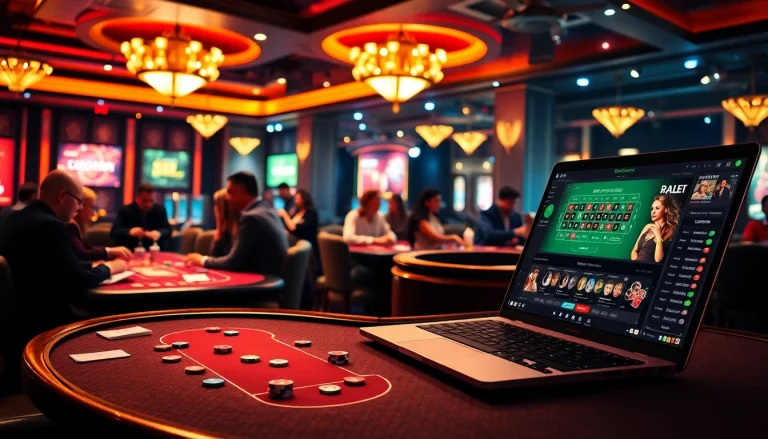 Intense casino atmosphere showcasing deneme bonusu veren siteler with players engaging at poker tables and roulette wheels.