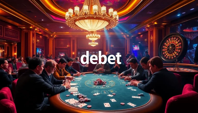 Experience the thrill of debet as players strategize at a poker table in a luxurious casino setting.