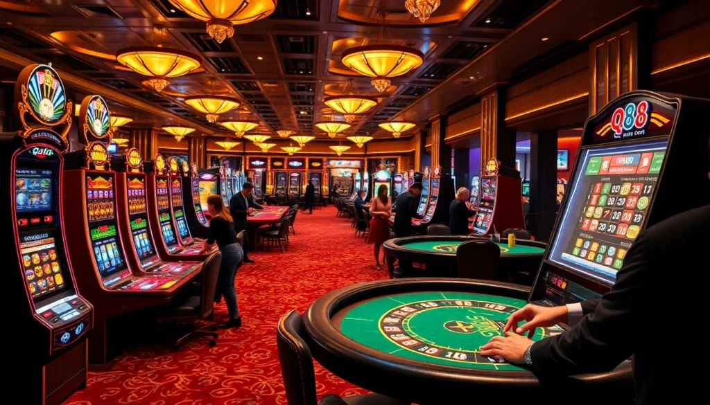 Experience the thrill of qh88 com with high-stakes poker and roulette tables in a vibrant casino setting.
