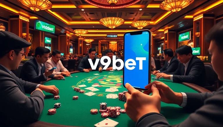 Excited players downloading the V9BET mobile app at a casino table amid chips and cards.