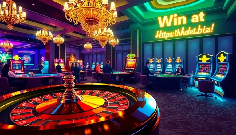 Vibrant casino scene highlighting players at roulette and poker tables, reflecting excitement at https://thabet7.biz/.