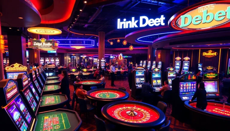Experience vibrant casino excitement with link Debet on tables filled with players enjoying blackjack and roulette.