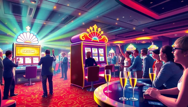 Excited players celebrating wins at a vibrant slot gacor machine in a luxurious casino setting.