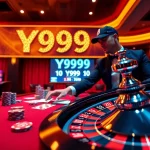 Experience the excitement of Y999 Game Download as players engage at the high-stakes poker table, surrounded by vibrant casino elements.