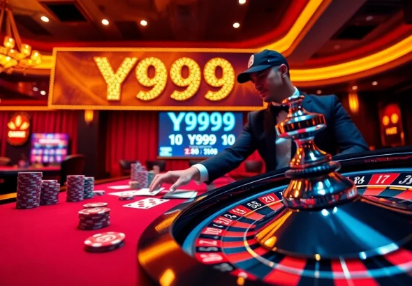 Experience the excitement of Y999 Game Download as players engage at the high-stakes poker table, surrounded by vibrant casino elements.