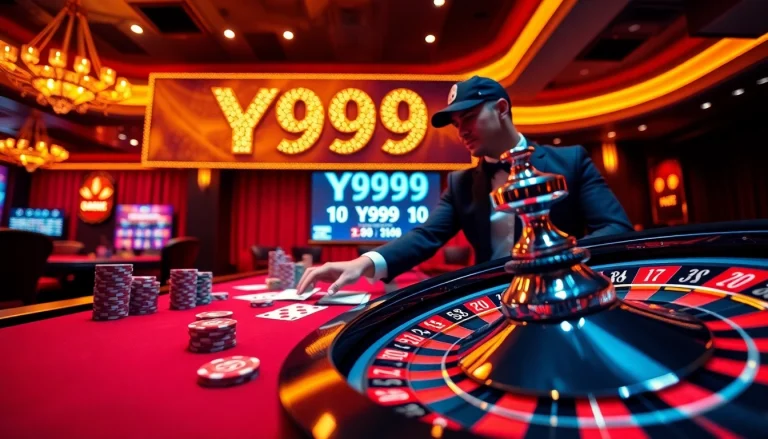 Experience the excitement of Y999 Game Download as players engage at the high-stakes poker table, surrounded by vibrant casino elements.