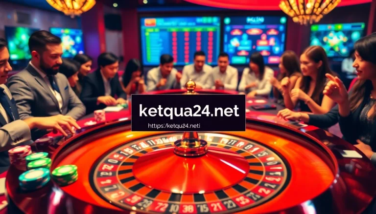 Gamblers enjoying a thrilling roulette game at https://ketqua24.net/, showcasing vivid casino action.
