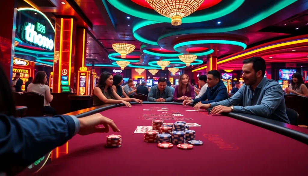 Experience the excitement of BJ88 thomo at a vibrant poker table with colorful chips and dramatic lighting.