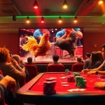 Xem đá gà thomo in a thrilling casino setting with spectators cheering as they watch a live match.