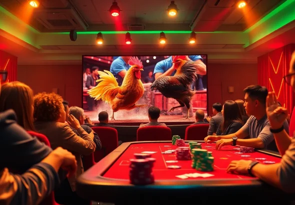 Xem đá gà thomo in a thrilling casino setting with spectators cheering as they watch a live match.