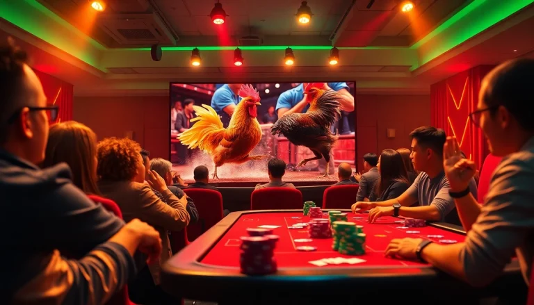 Xem đá gà thomo in a thrilling casino setting with spectators cheering as they watch a live match.