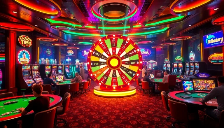 Experience live crazy time as players spin the vibrant casino wheel, surrounded by an exhilarating gambling atmosphere.