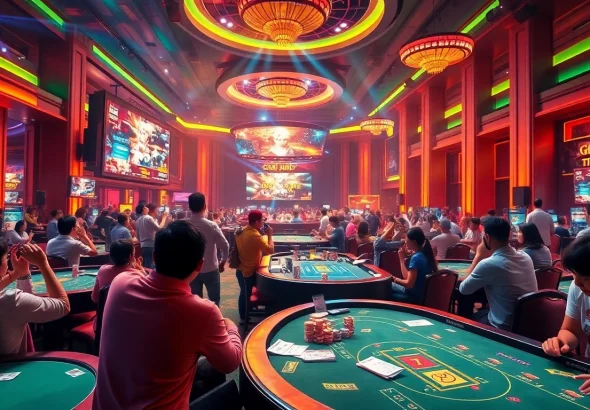 Experience the thrill of ĐÁ Gà Trực Tiếp in a vibrant casino setting filled with betting excitement.