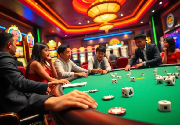 Exciting scene of players at a casino poker table enjoying top 10 game bài đổi thưởng with vibrant slot machines.