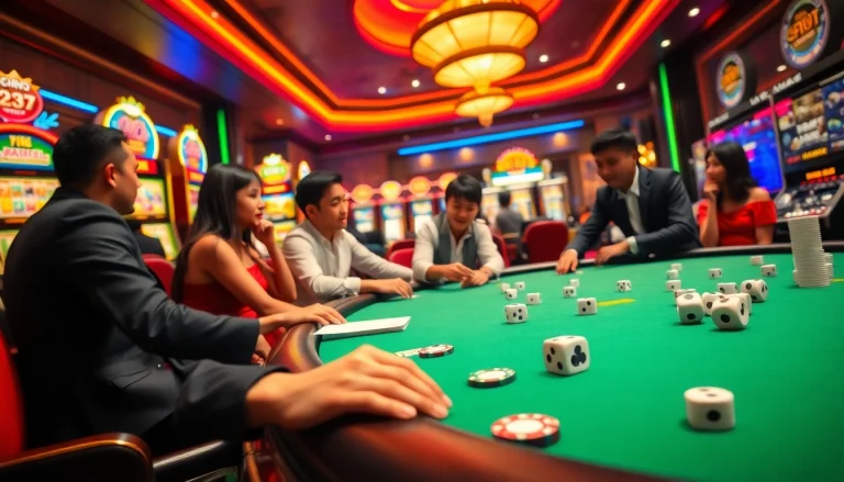Exciting scene of players at a casino poker table enjoying top 10 game bài đổi thưởng with vibrant slot machines.