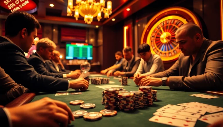A thrilling casino atmosphere with players at a poker table and roulette wheel, emphasizing the gambling term debet.